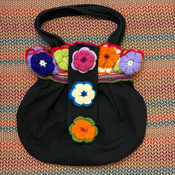 Handbags - Super Cute Hand Made Unique Crochet Multicolored 3D Floral Black Shoulder Bag